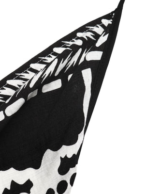 Black and white floral print halter neck maxi dress detail with asymmetrical hem.