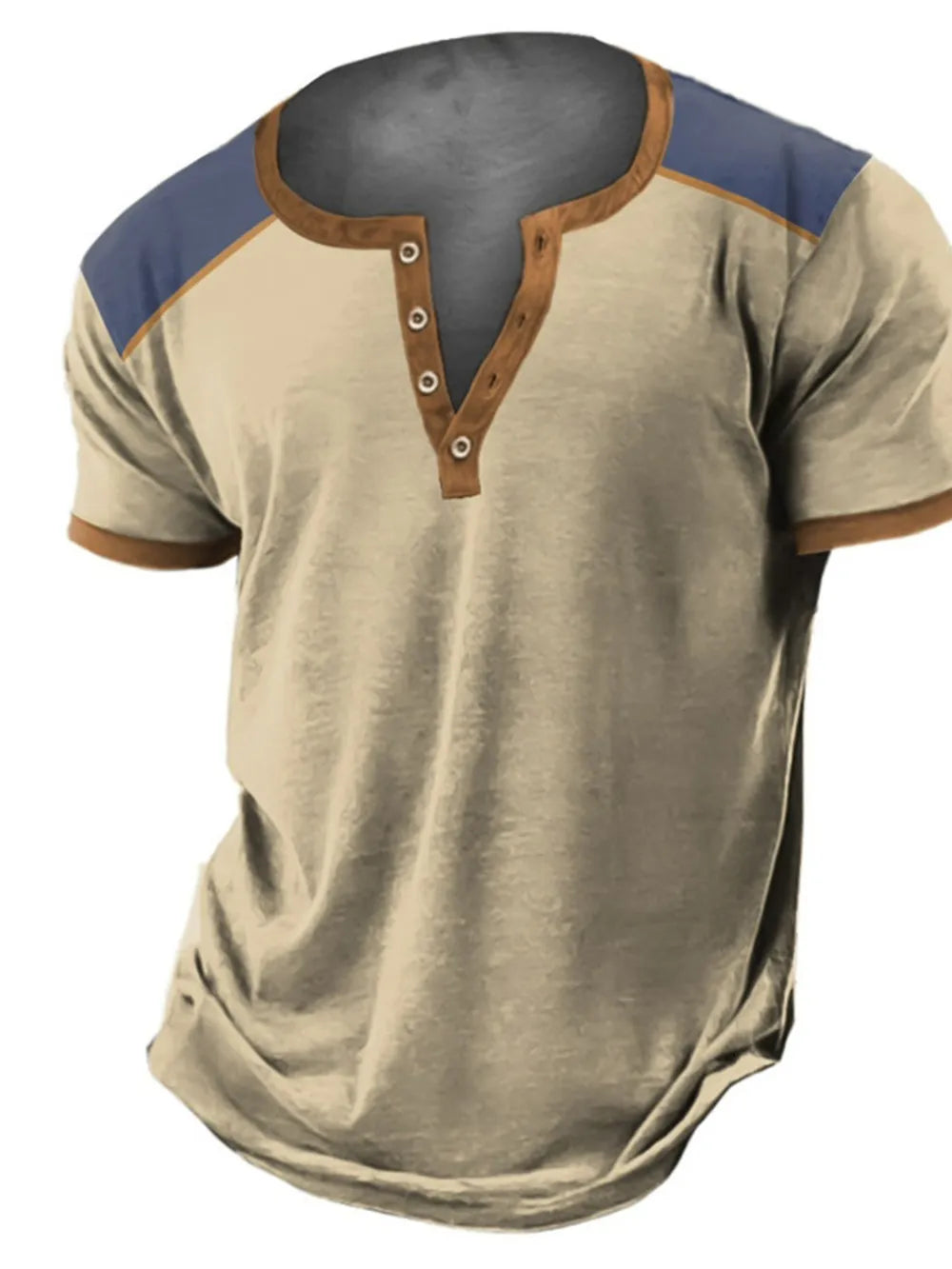 Men's tan cotton henley t-shirt with brown trim and blue shoulder accents.