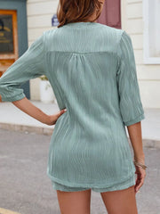 Sage textured henley short set with 3/4 sleeves and a relaxed fit.