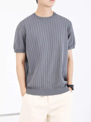 Men's blue gray ribbed knit t-shirt with short sleeves and crew neck.