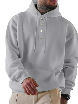 Gray cotton buttoned hoodie with drawstring hood and kangaroo pocket