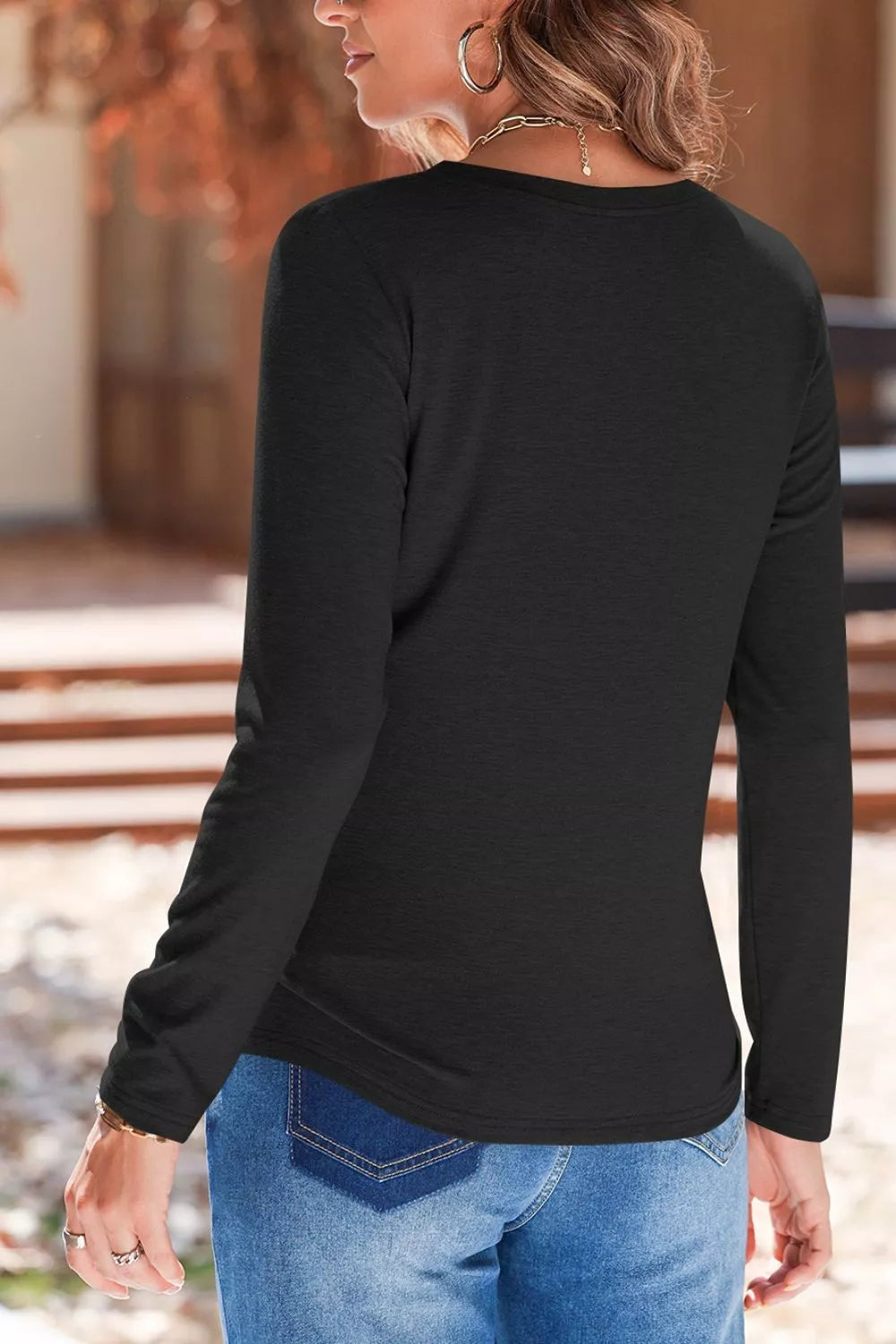 Solid Color V Neck Long Sleeve Top in Black, view 18