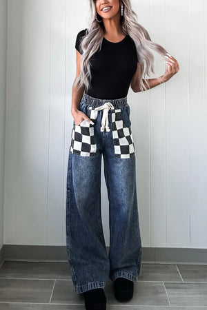 Checkerboard Pocket Wide-Leg Jeans in medium acid wash denim with drawstring waist.