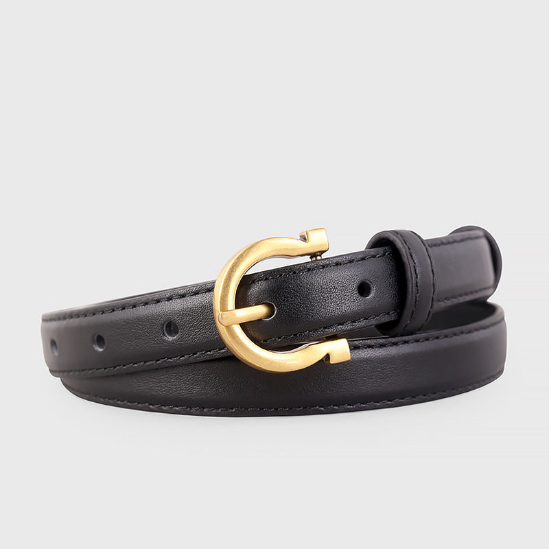 Black cowhide leather belt with gold buckle detail