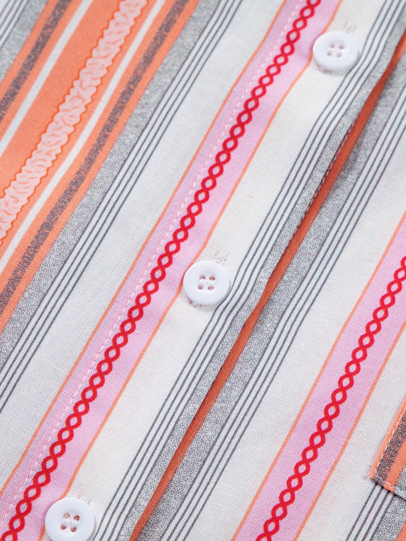 Classic button-down shirt with orange, pink, and grey stripes and decorative stitching.