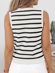 Sleeveless knit top in white with black breton stripes and a button front detail.