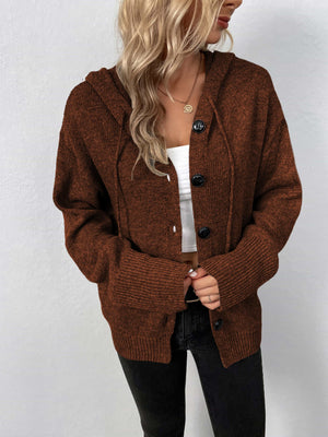Brown hooded knit cardigan with button front and drawstring detail.