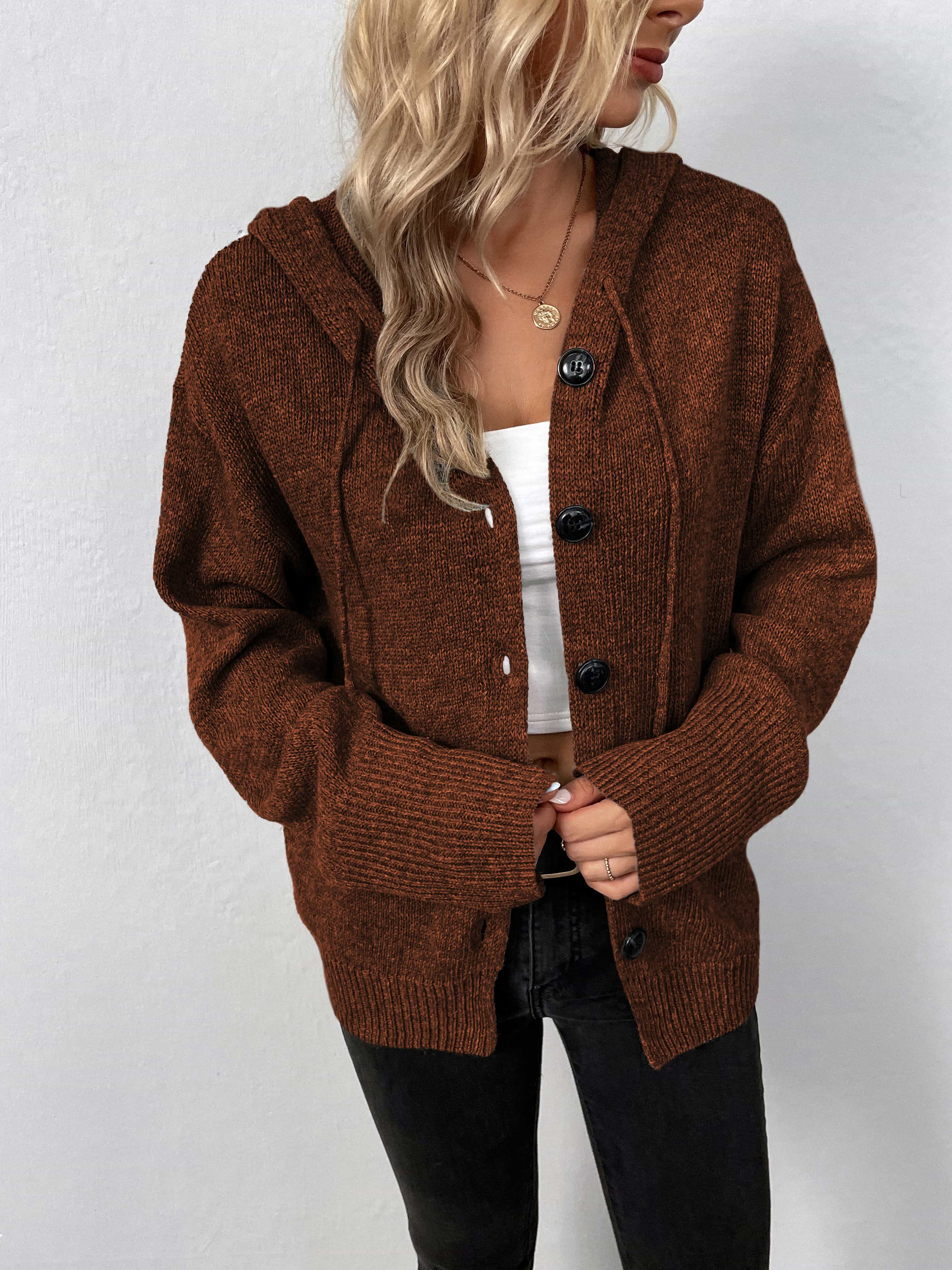 Brown hooded knit cardigan with button front and drawstring detail.