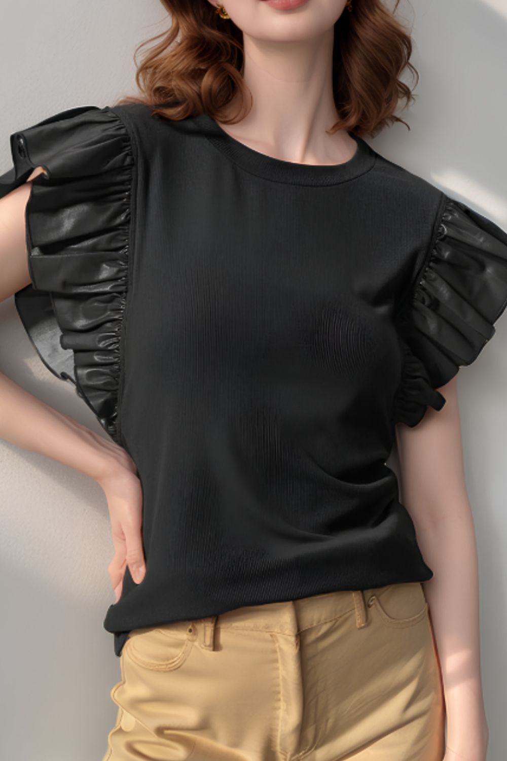 Brown ruffled faux leather sleeve blouse