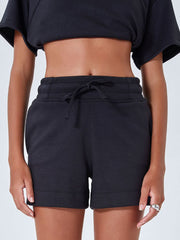 Black drawstring pocket shorts with cuffed hem and elastic waistband