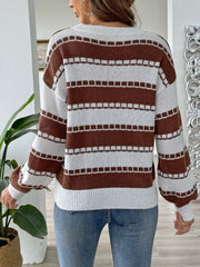 Brown and white striped knit sweater with balloon sleeves and square detail embroidery.