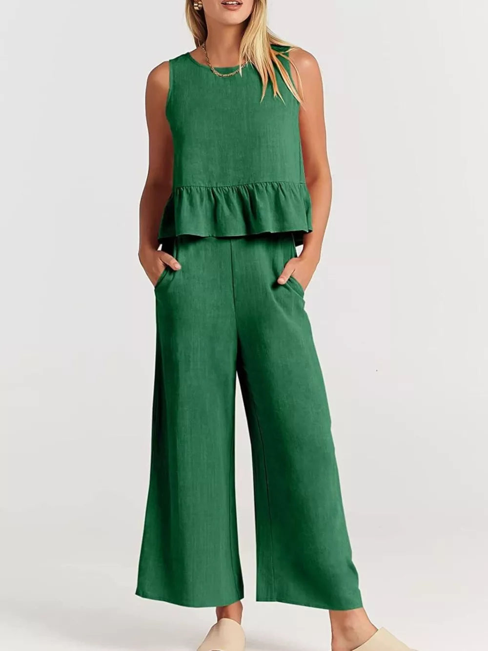 Ruffled Hem Sleeveless Top And Wide-leg Pants Set Plus Size in Black, view 14