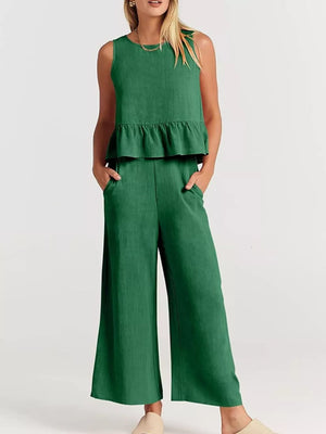 Ruffled Hem Sleeveless Top And Wide-leg Pants Set Plus Size in Black, view 14
