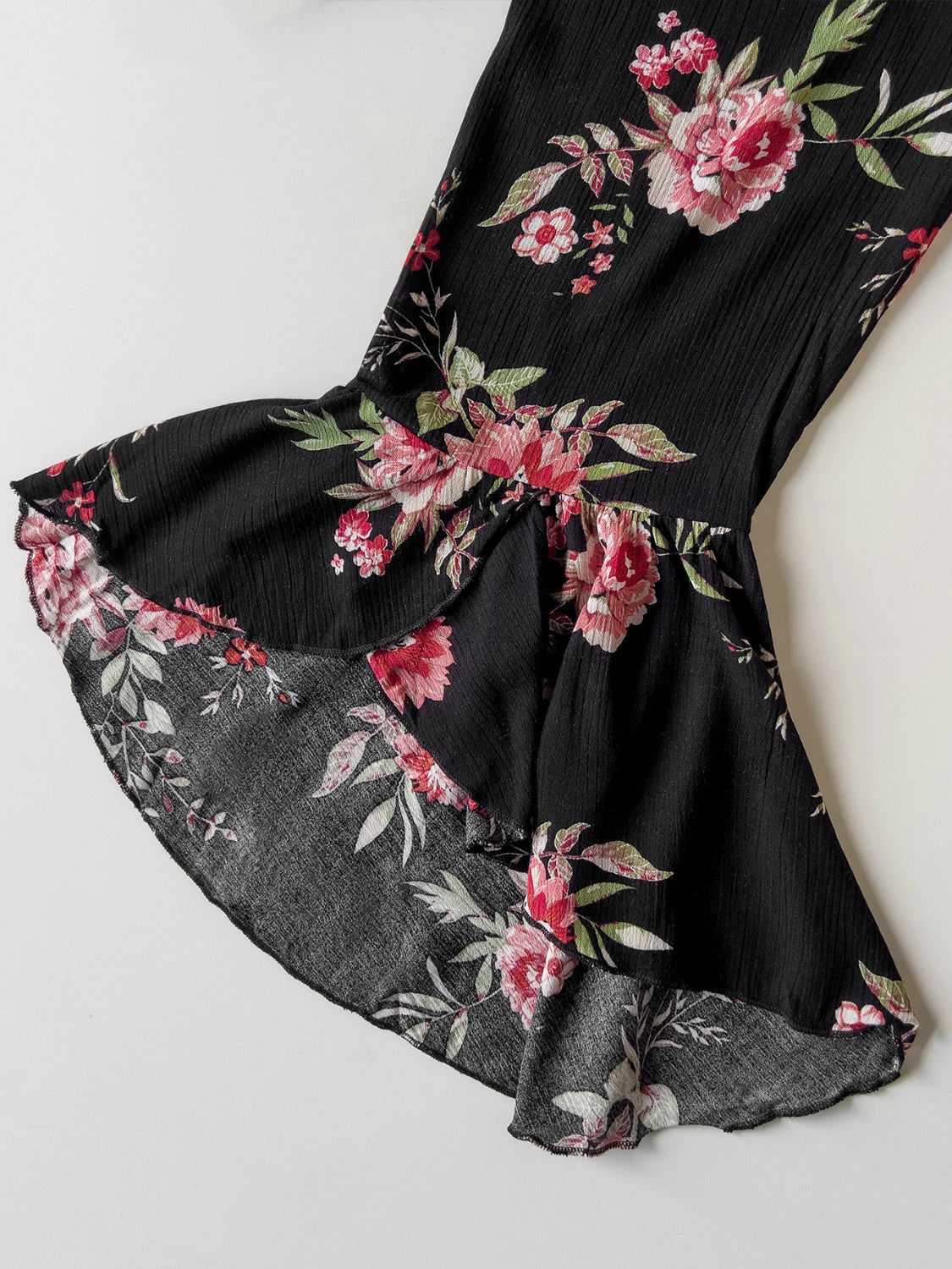 Black floral print viscose maxi dress with bell sleeves and ruffle detail