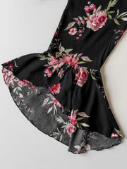 Black floral print viscose maxi dress with bell sleeves and ruffle detail