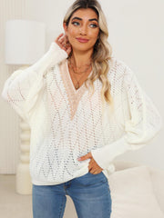 White openwork dolman sweater with lace trim V-neck, 100% acrylic, casual style.