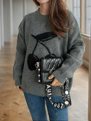 Dark Gray knit sweater with black cherry motif, crew neck, long sleeves.
