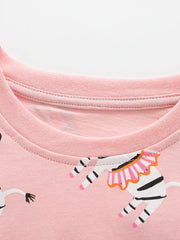 Pink cotton blend toddler top with circus zebra print and crew neck.