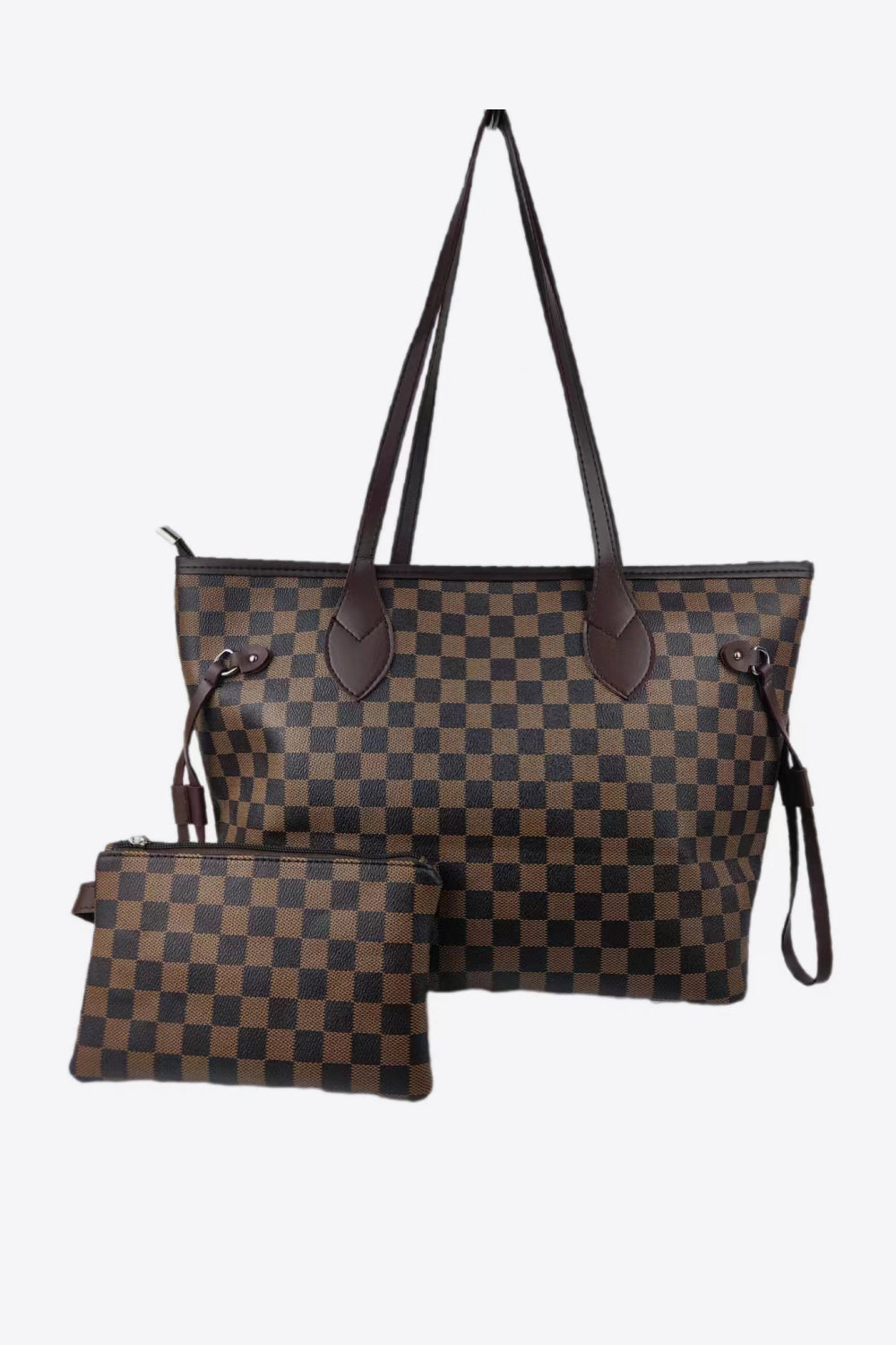 Damier checkered tote bag and matching pouch in brown and black with dark brown trim.