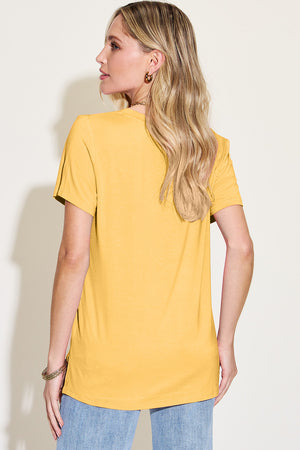 Yellow bamboo t-shirt with short sleeves and asymmetric hemline, V-neck top.