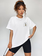White t-shirt with a small ghost graphic holding a coffee cup on the chest.