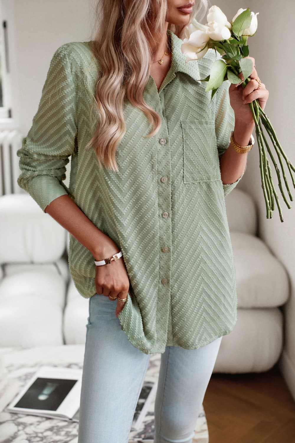 Light Green Textured Chevron Button-Down Blouse with pocket detail