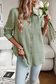 Light Green Textured Chevron Button-Down Blouse with pocket detail