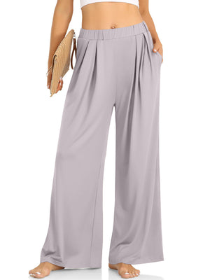 Light Gray pleated palazzo trousers with pockets and elastic waistband.