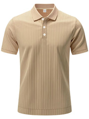 Khaki textured ribbed polo shirt with short sleeves and a button placket.