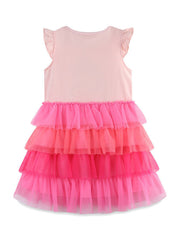Pink baby dress with ruffled sleeves and tiered ombre tulle skirt.