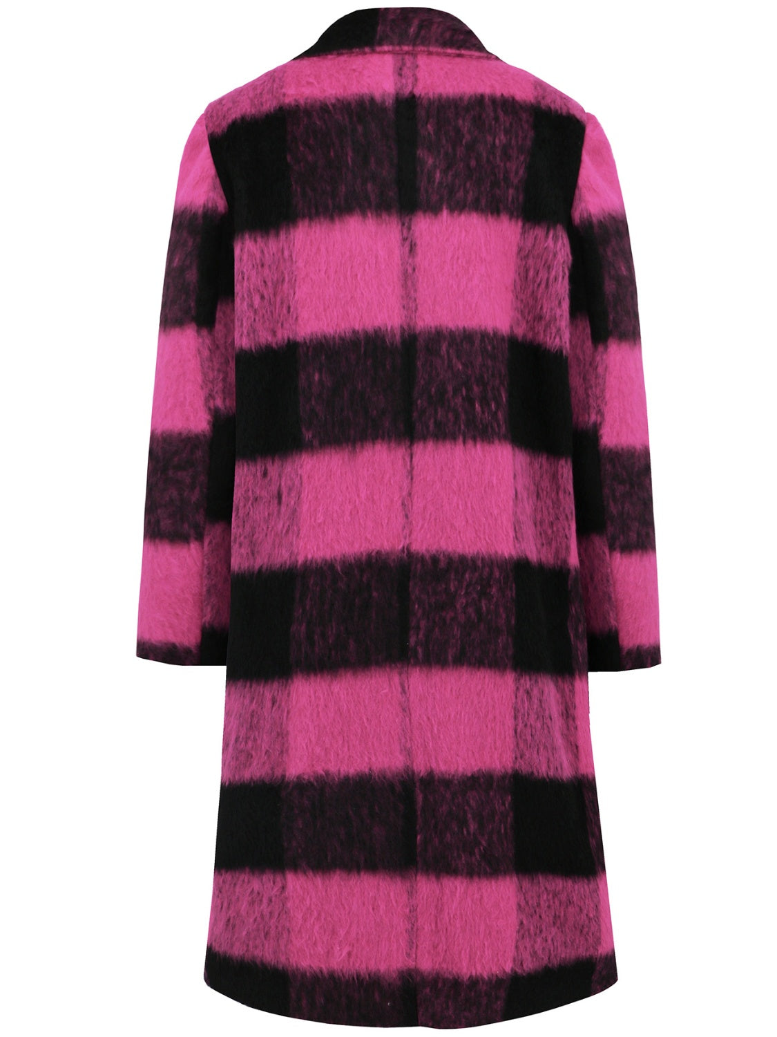 Hot Pink and Black checked plaid cocoon coat with a fuzzy texture.