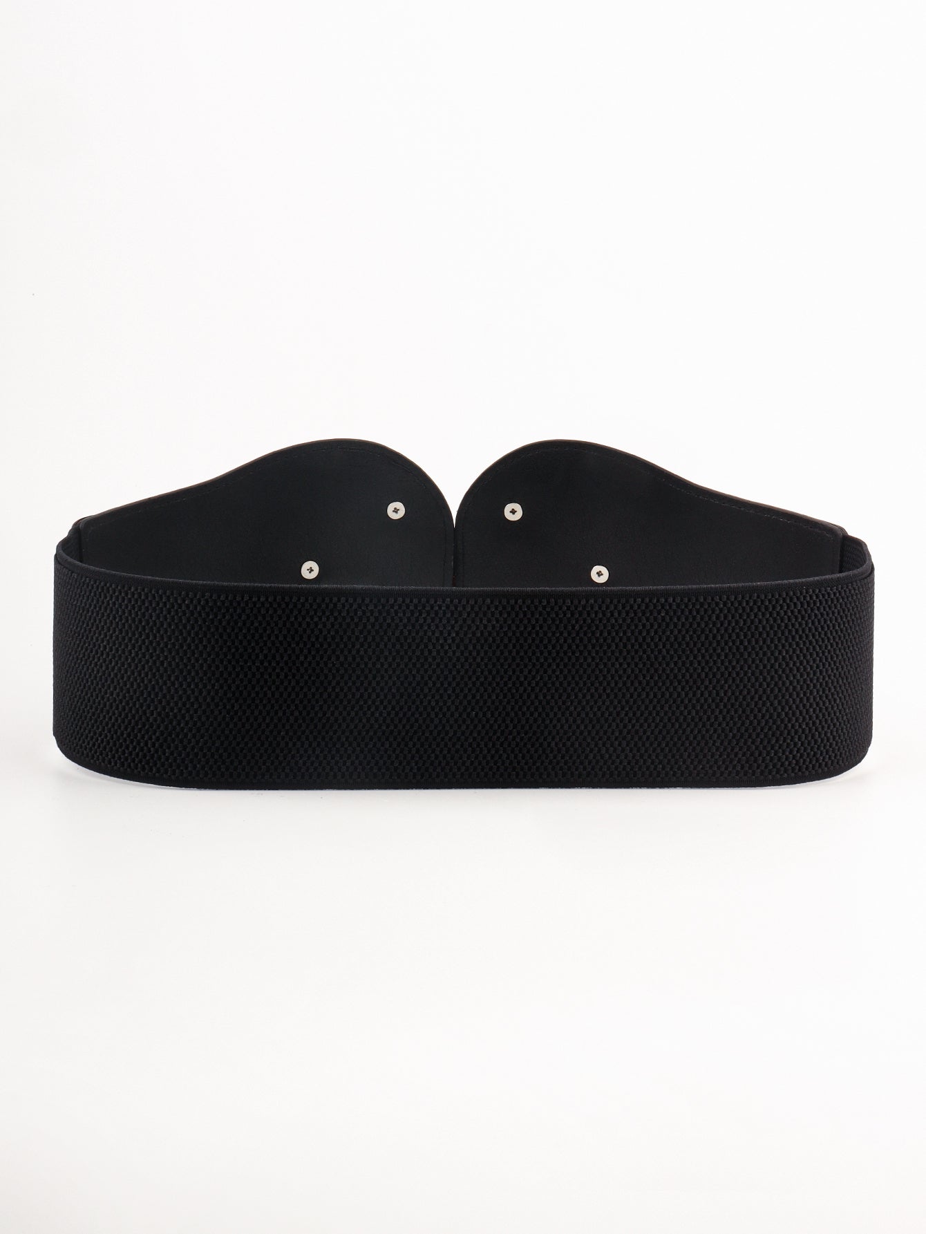 Black sculpted metalwork elastic waist cincher belt with snap closures.