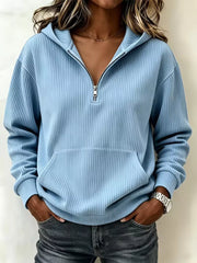 Black zip hoodie featuring ribbed and ribbed knit