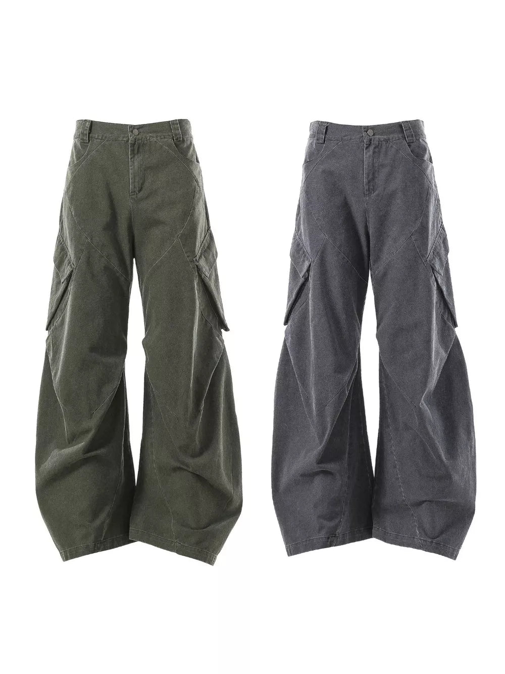 Textured paneled cargo pants in army green and dark gray with baggy fit and large pockets.