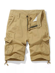 Khaki cargo shorts for men with button and zip fly, multiple pockets, and drawstring hem.