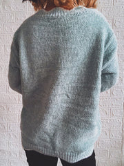 Cloudy Blue acrylic sweater with V-neck and scalloped trim detail.