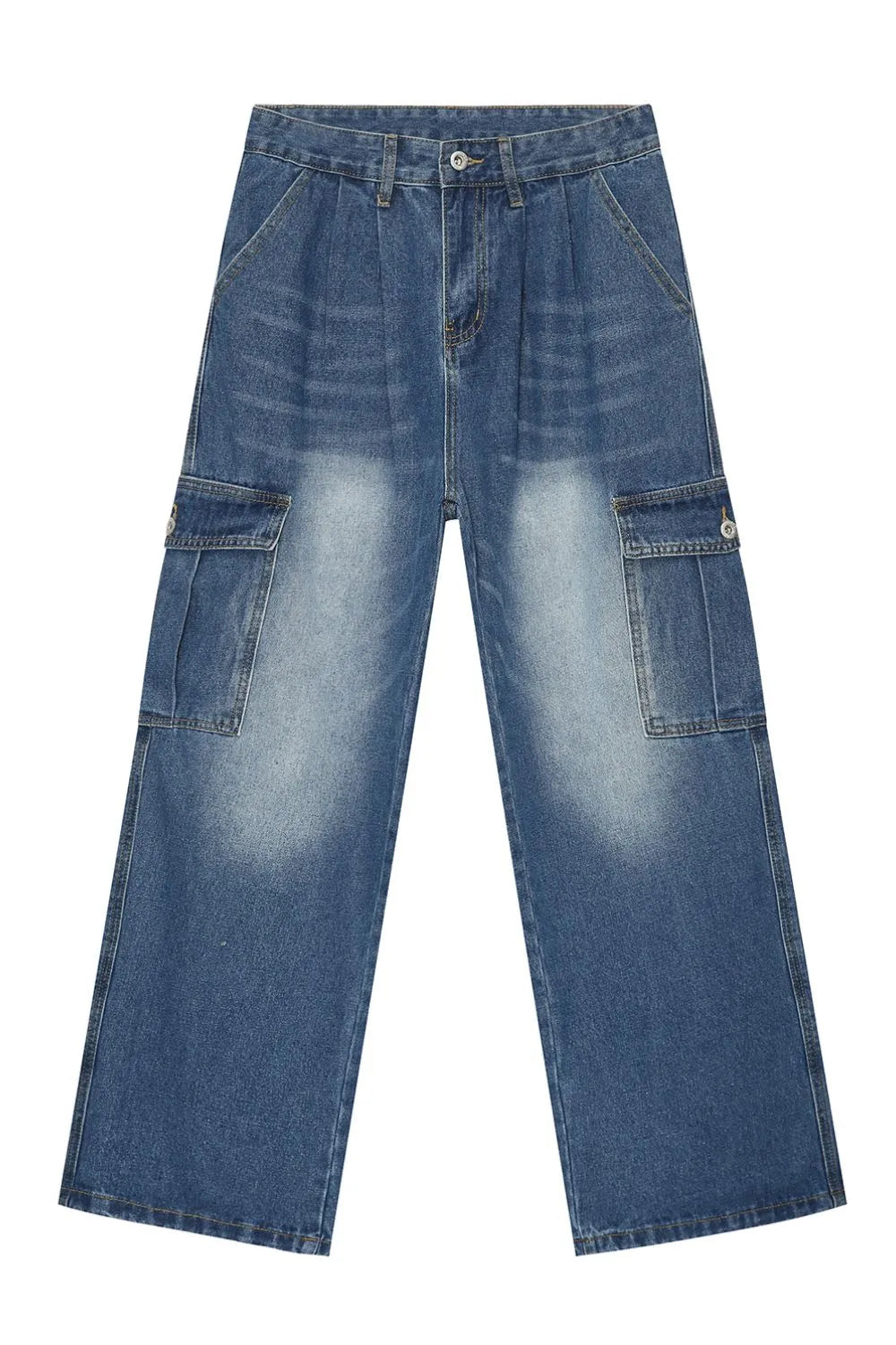 Pleated wide-leg denim cargo pants in medium wash with cargo pockets and a relaxed fit.