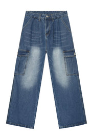 Pleated wide-leg denim cargo pants in medium wash with cargo pockets and a relaxed fit.