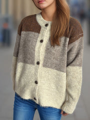 Colorblock crewneck button-down knit cardigan in beige and brown acrylic with button details.