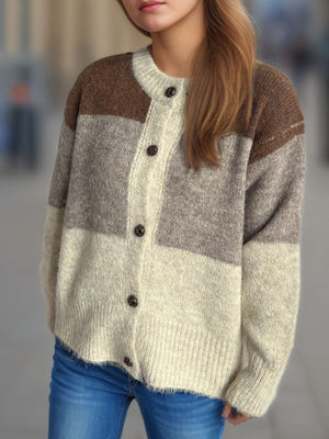 Colorblock crewneck button-down knit cardigan in beige and brown acrylic with button details.