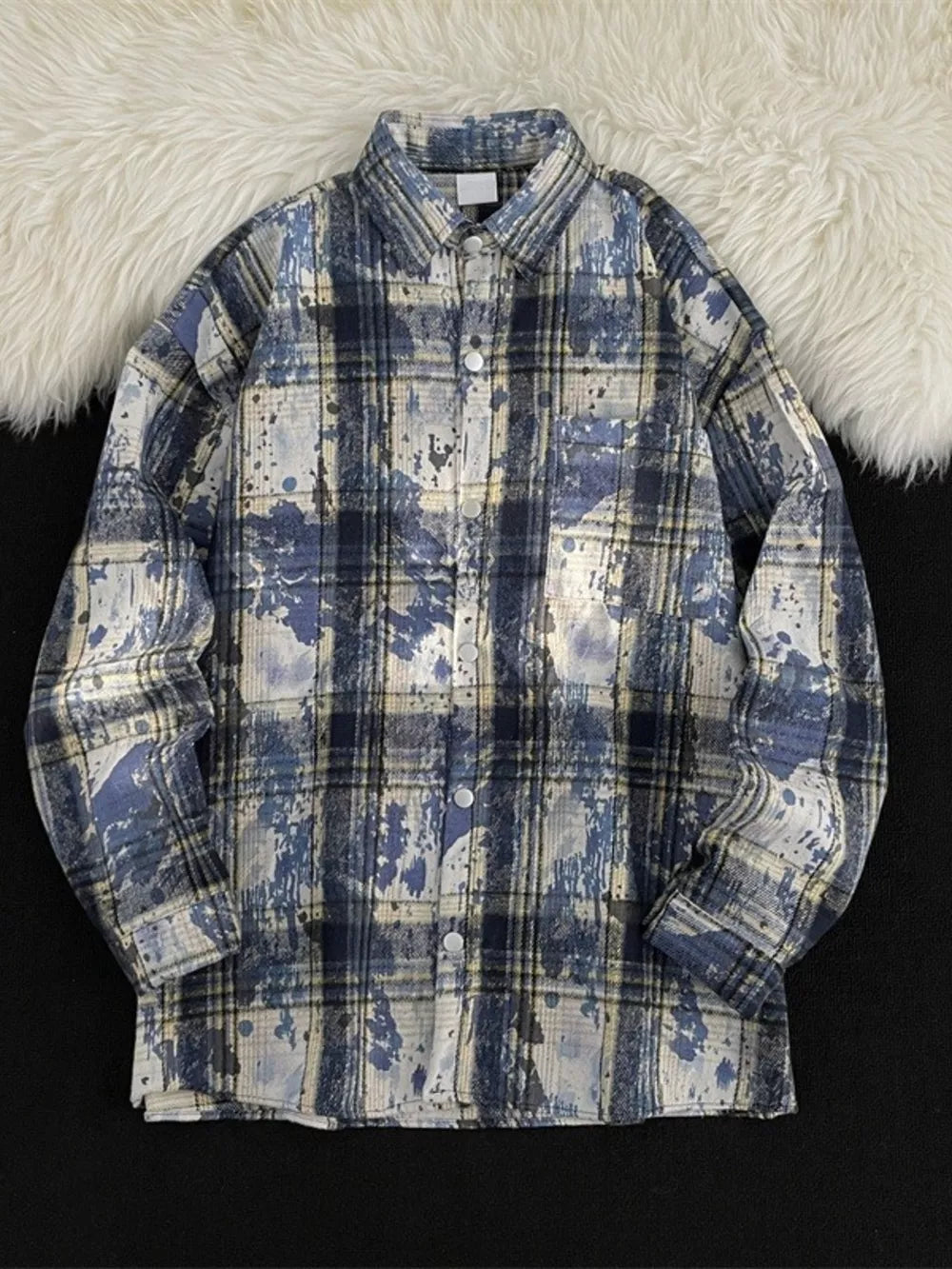 Men's Plus Size Plaid Button Up Casual Shacket in Blue, front view