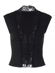 Black lace-trimmed sheer vest with button details and a high neckline.