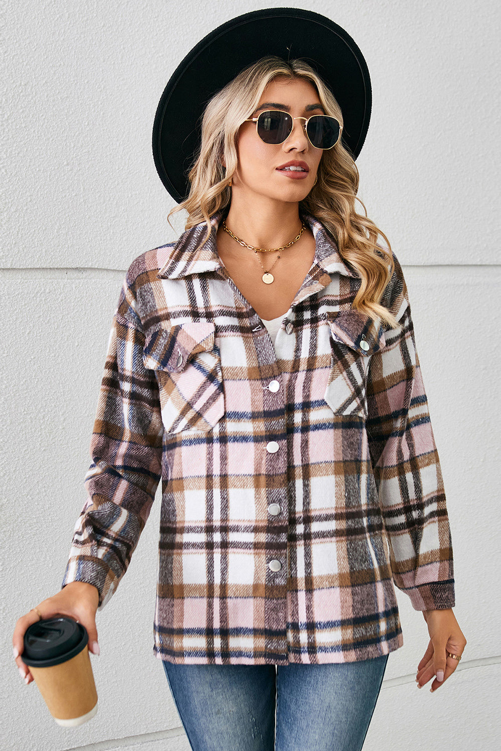 Soft plaid overshirt in blush pink with patch pockets and button front.