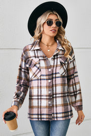 Soft plaid overshirt in blush pink with patch pockets and button front.