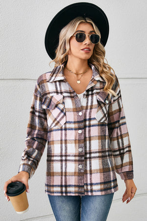 Soft plaid overshirt in blush pink with patch pockets and button front.