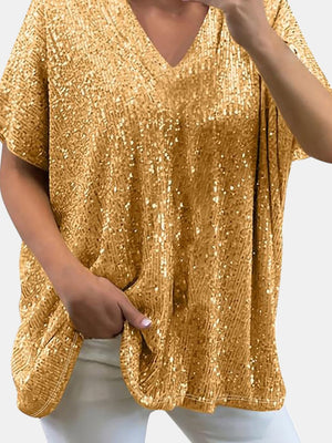 Brass sequin slouchy V-neck top with short sleeves and pockets