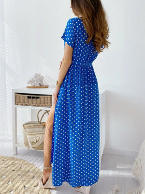 Polka Dot Surplice Maxi Dress With Slit in Dusty Pink, close-up detail
