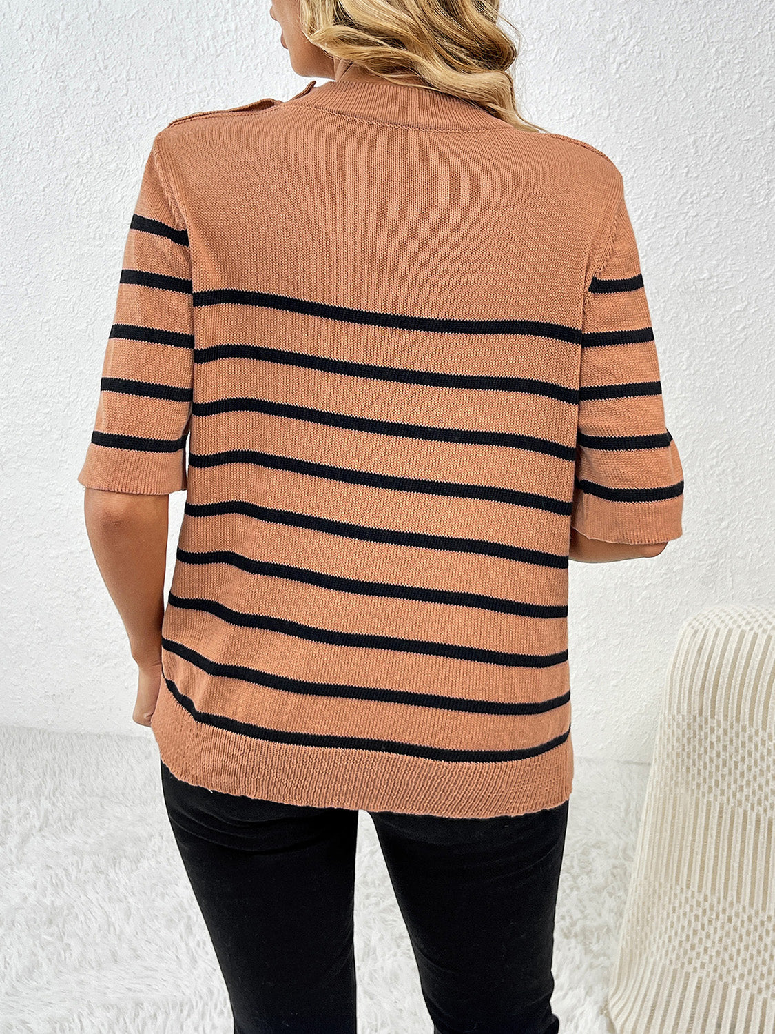 Caramel striped knit top with button shoulder detail and short sleeves