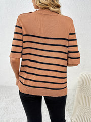 Caramel striped knit top with button shoulder detail and short sleeves