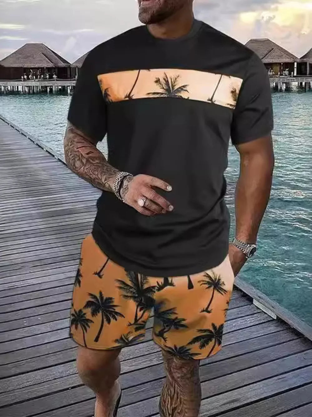 Men's Tropical Palm Tree Tee And Shorts Set in Hot Pink, alternate angle